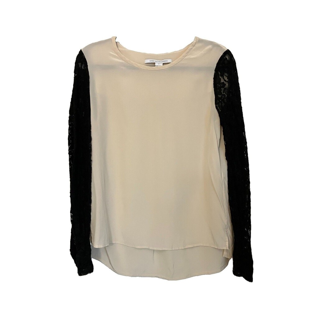 Diane Von Furstenberg 100% Silk Blouse With Lace Sleeve Black High Low Size 8